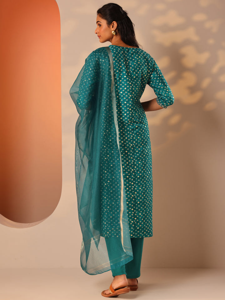 Blue Printed Silk Blend Straight Suit Set With Dupatta