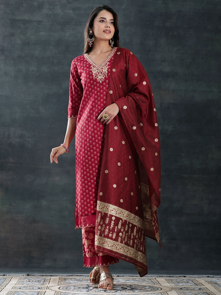 Maroon Woven Design Cotton Straight Suit Set With Dupatta