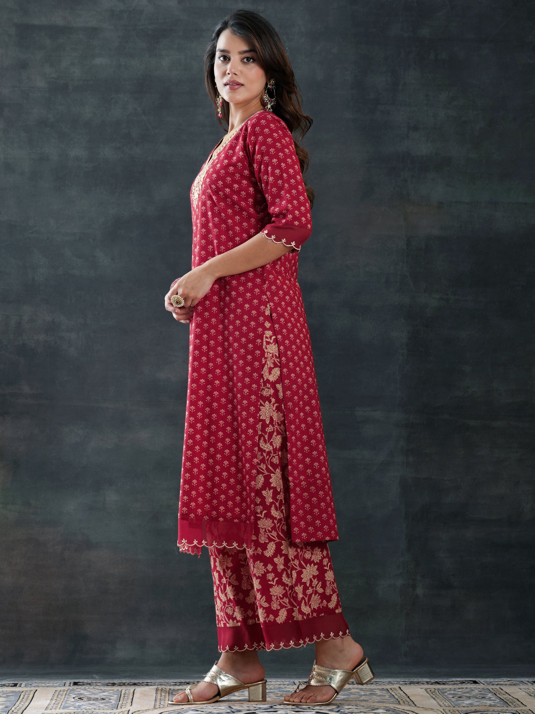 Maroon Woven Design Cotton Straight Suit Set With Dupatta