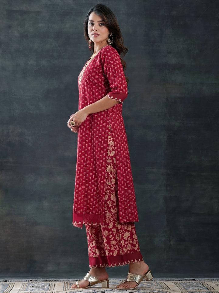 Maroon Woven Design Cotton Straight Suit Set With Dupatta