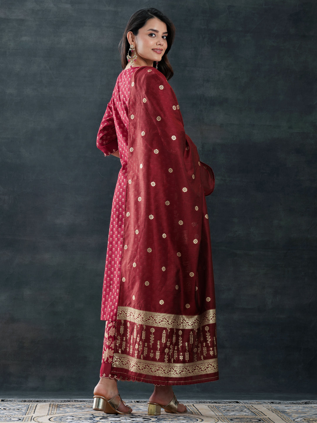 Maroon Woven Design Cotton Straight Suit Set With Dupatta