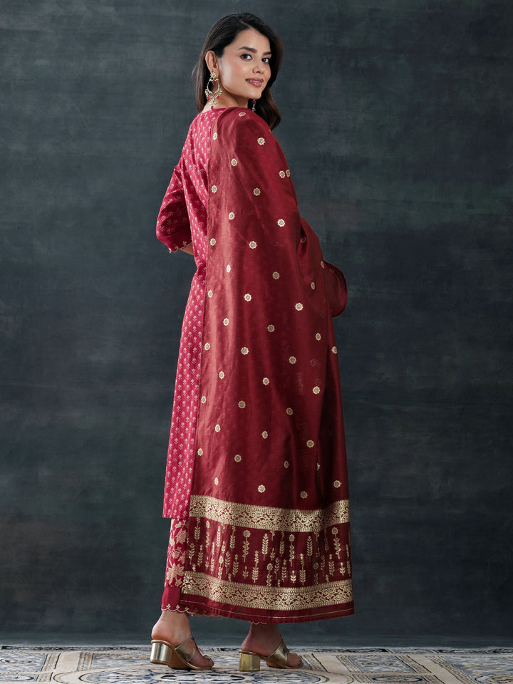 Maroon Woven Design Cotton Straight Suit Set With Dupatta