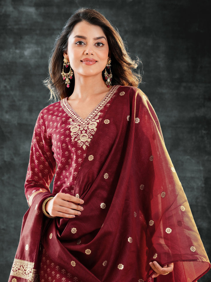 Maroon Woven Design Cotton Straight Suit Set With Dupatta
