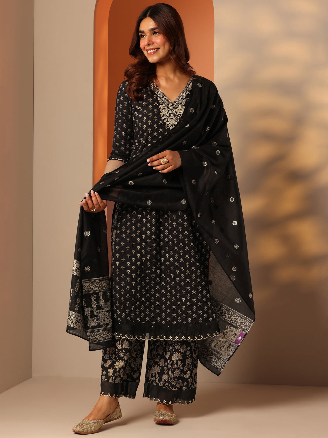 Black Woven Design Cotton Straight Suit Set With Dupatta