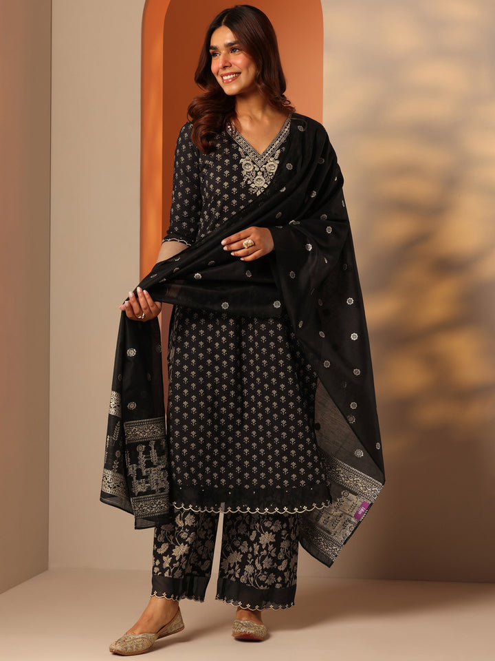 Black Woven Design Cotton Straight Suit Set With Dupatta