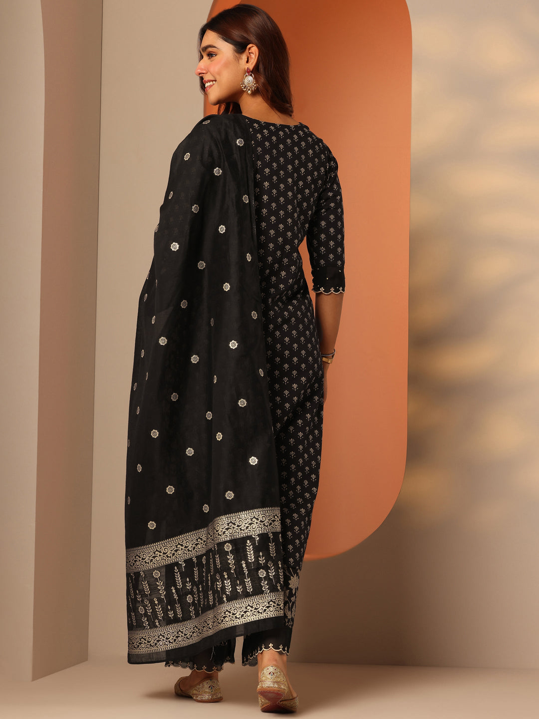 Black Woven Design Cotton Straight Suit Set With Dupatta