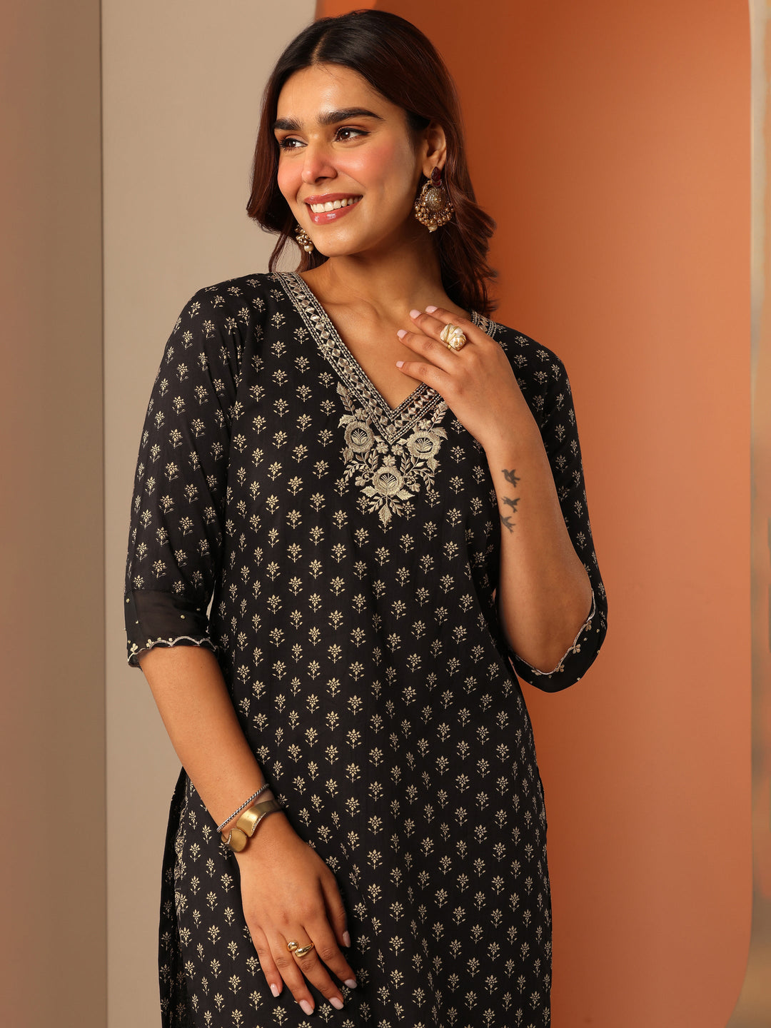 Black Woven Design Cotton Straight Suit Set With Dupatta