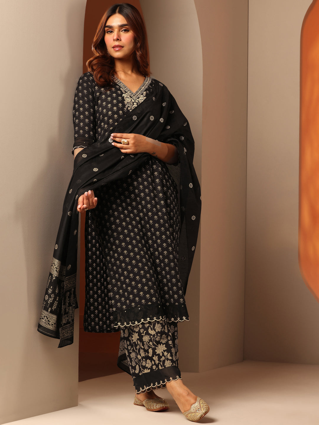 Black Woven Design Cotton Straight Suit Set With Dupatta