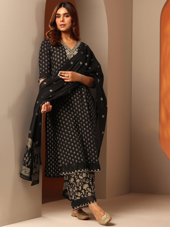 Black Woven Design Cotton Straight Suit Set With Dupatta