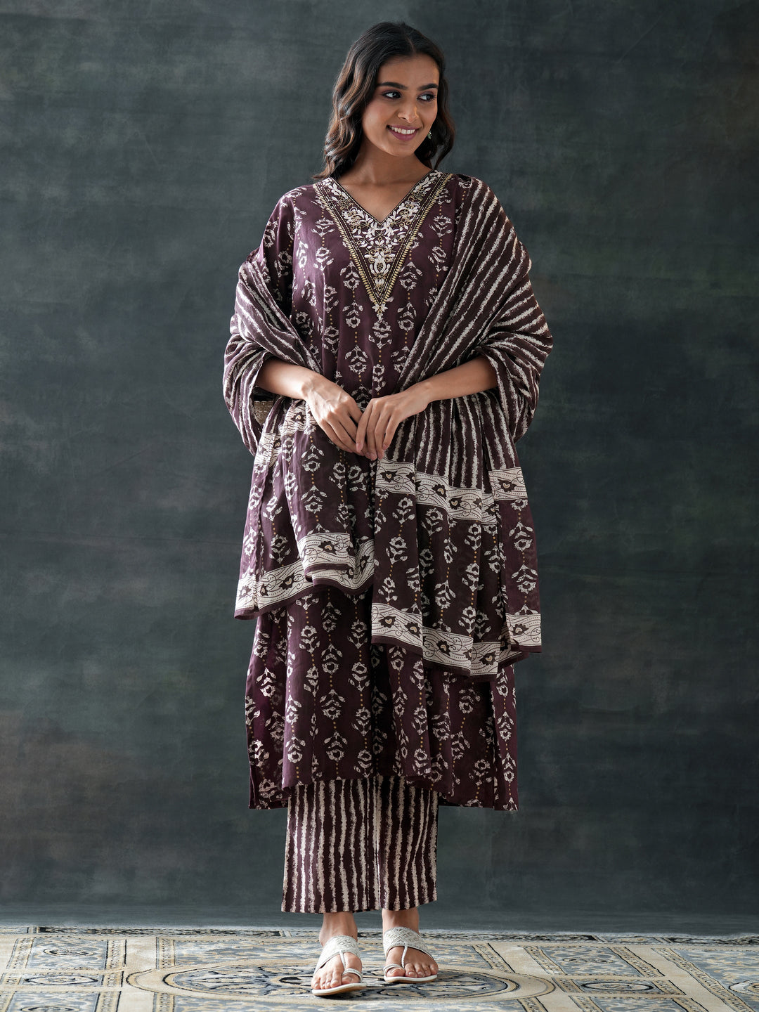 Brown Printed Cotton A-Line Suit Set With Dupatta