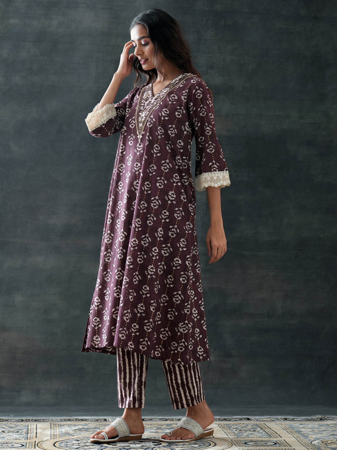 Brown Printed Cotton A-Line Suit Set With Dupatta