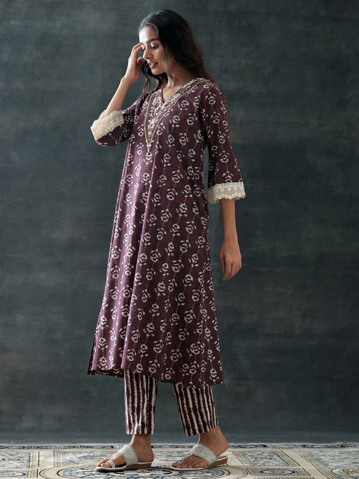 Brown Printed Cotton A-Line Suit Set With Dupatta