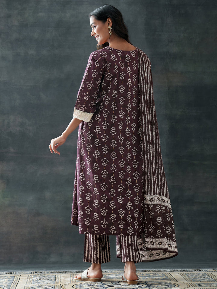 Brown Printed Cotton A-Line Suit Set With Dupatta