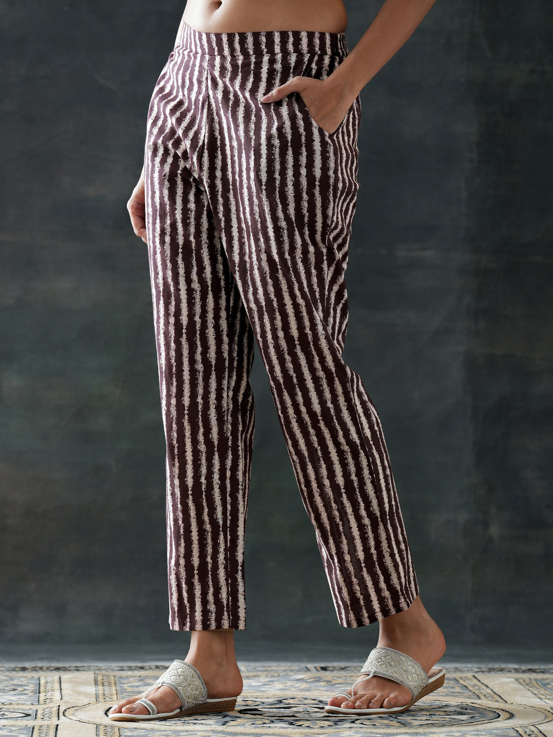 Brown Printed Cotton A-Line Suit Set With Dupatta