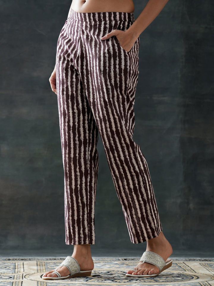Brown Printed Cotton A-Line Suit Set With Dupatta
