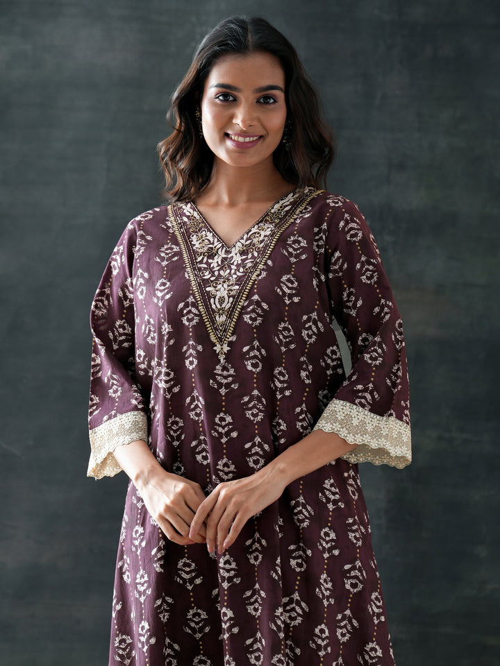 Brown Printed Cotton A-Line Suit Set With Dupatta