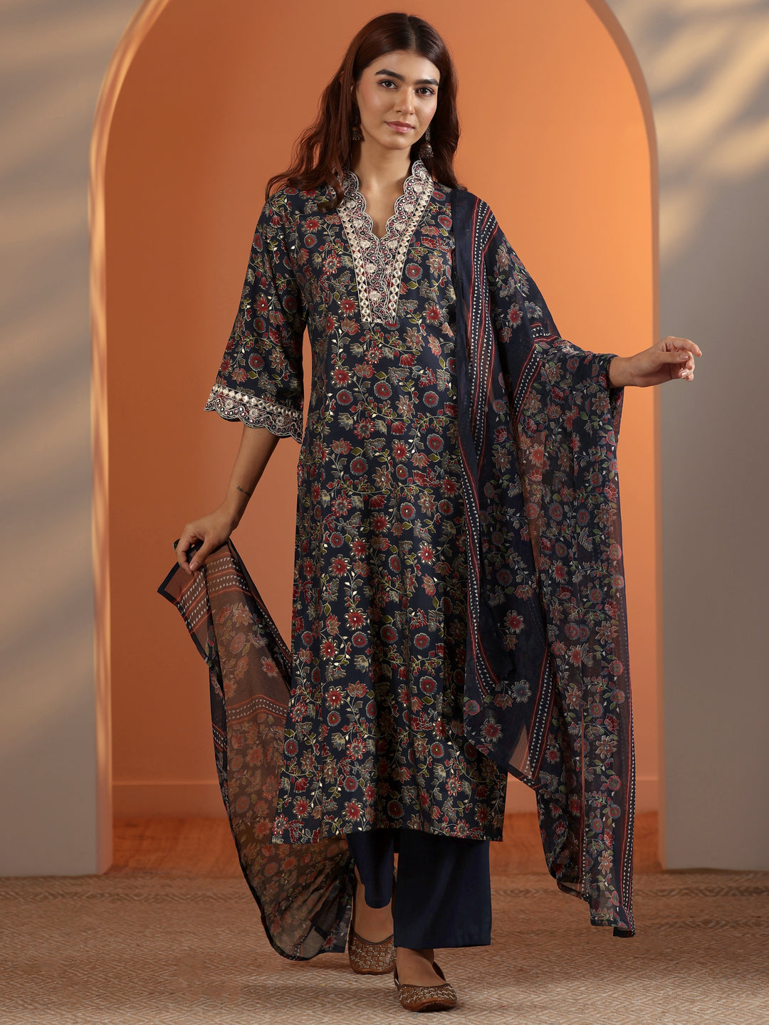 Blue Printed Silk Blend Straight Suit Set With Dupatta