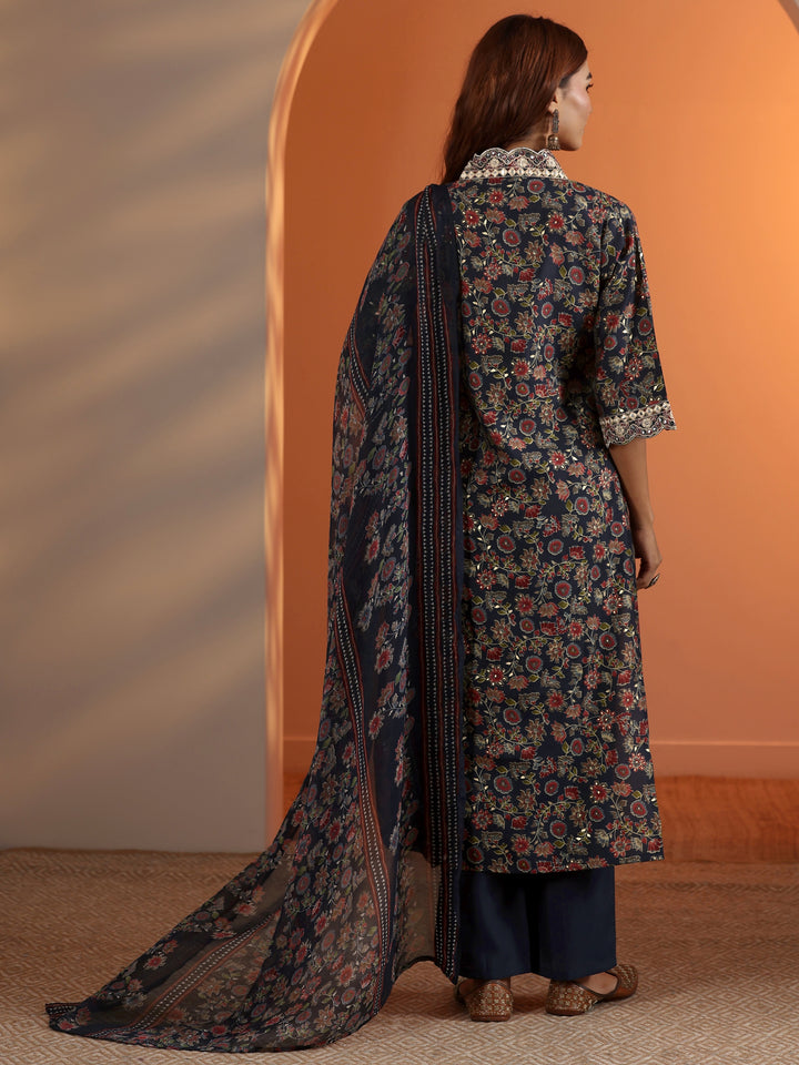Blue Printed Silk Blend Straight Suit Set With Dupatta