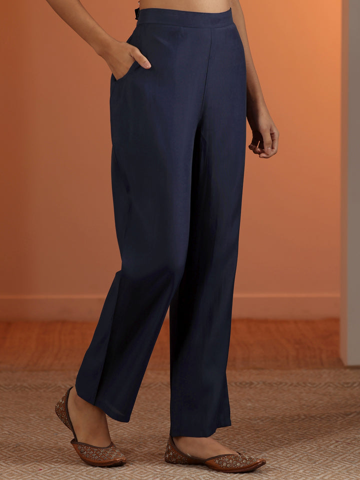 Blue Printed Silk Blend Straight Suit Set With Dupatta