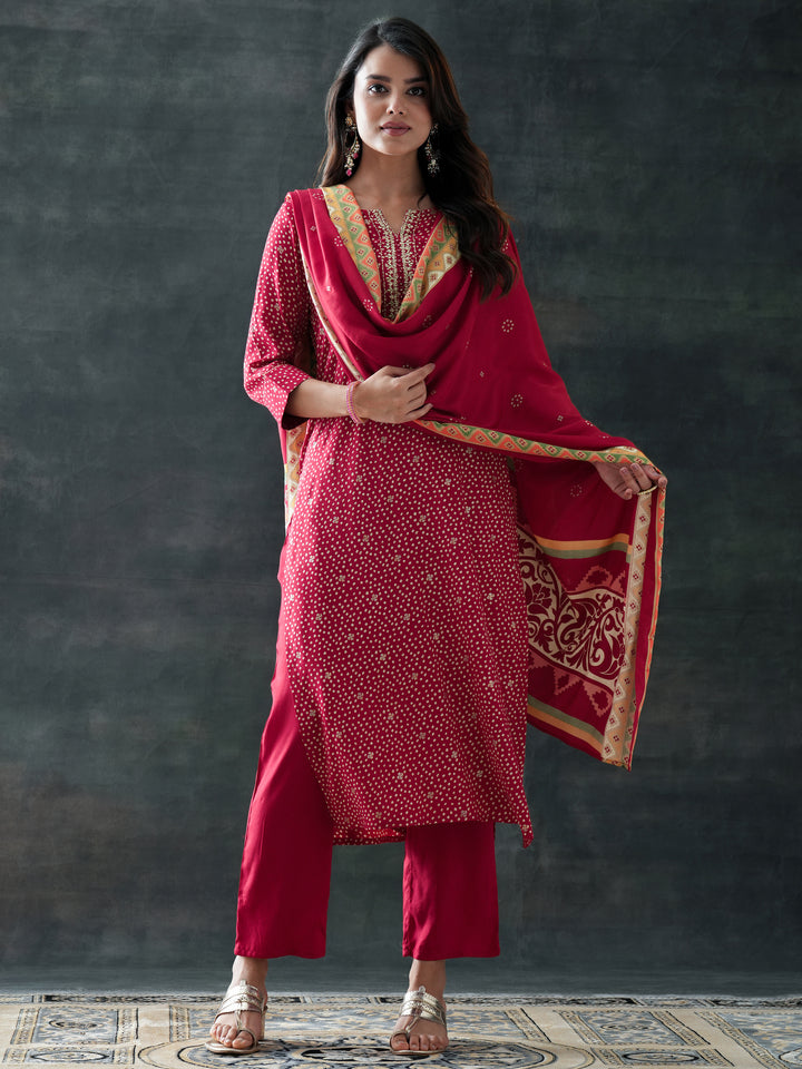 Maroon Printed Silk Blend Straight Suit Set With Dupatta