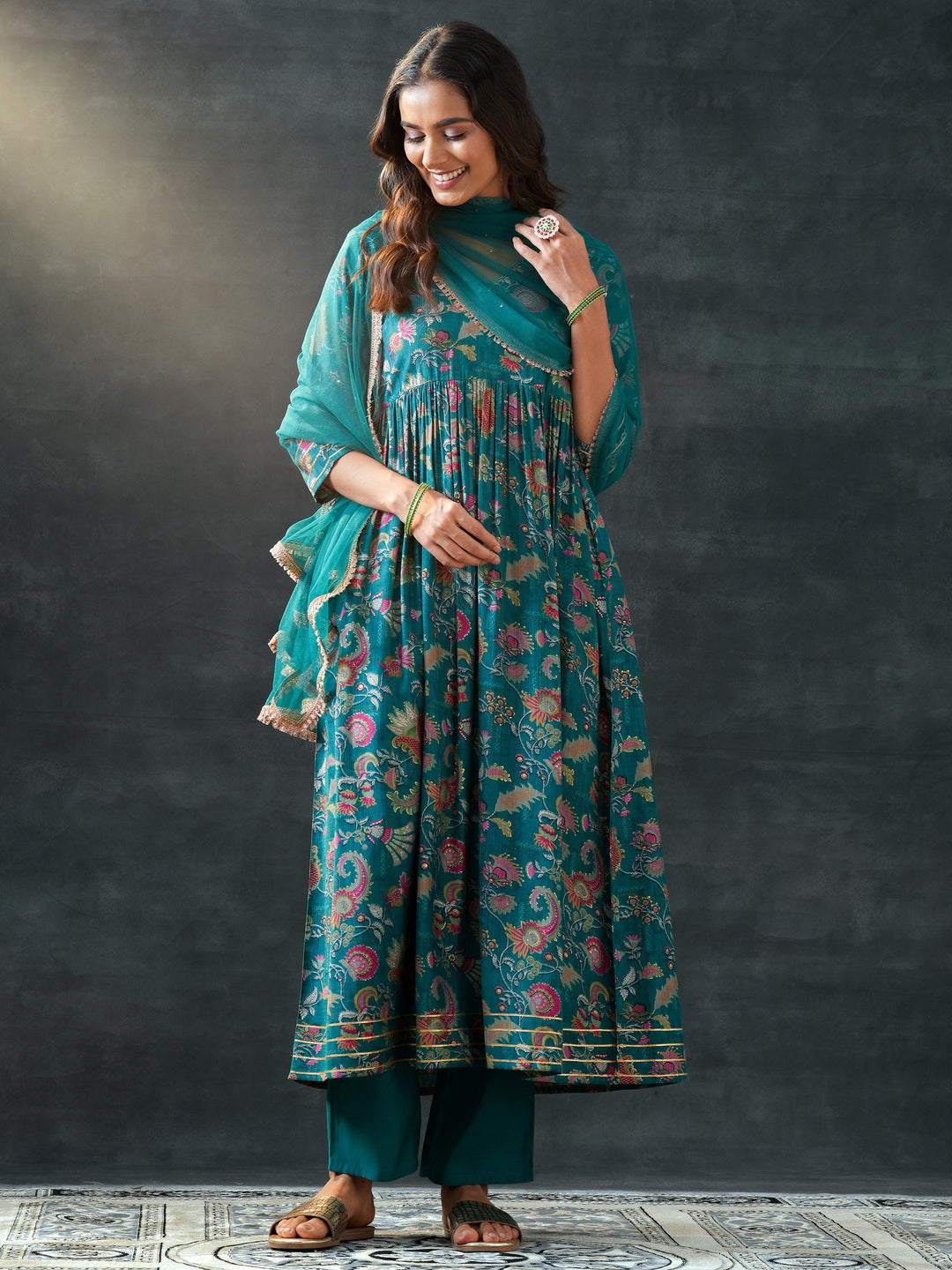 Teal Printed Silk Blend Anarkali Suit Set With Dupatta