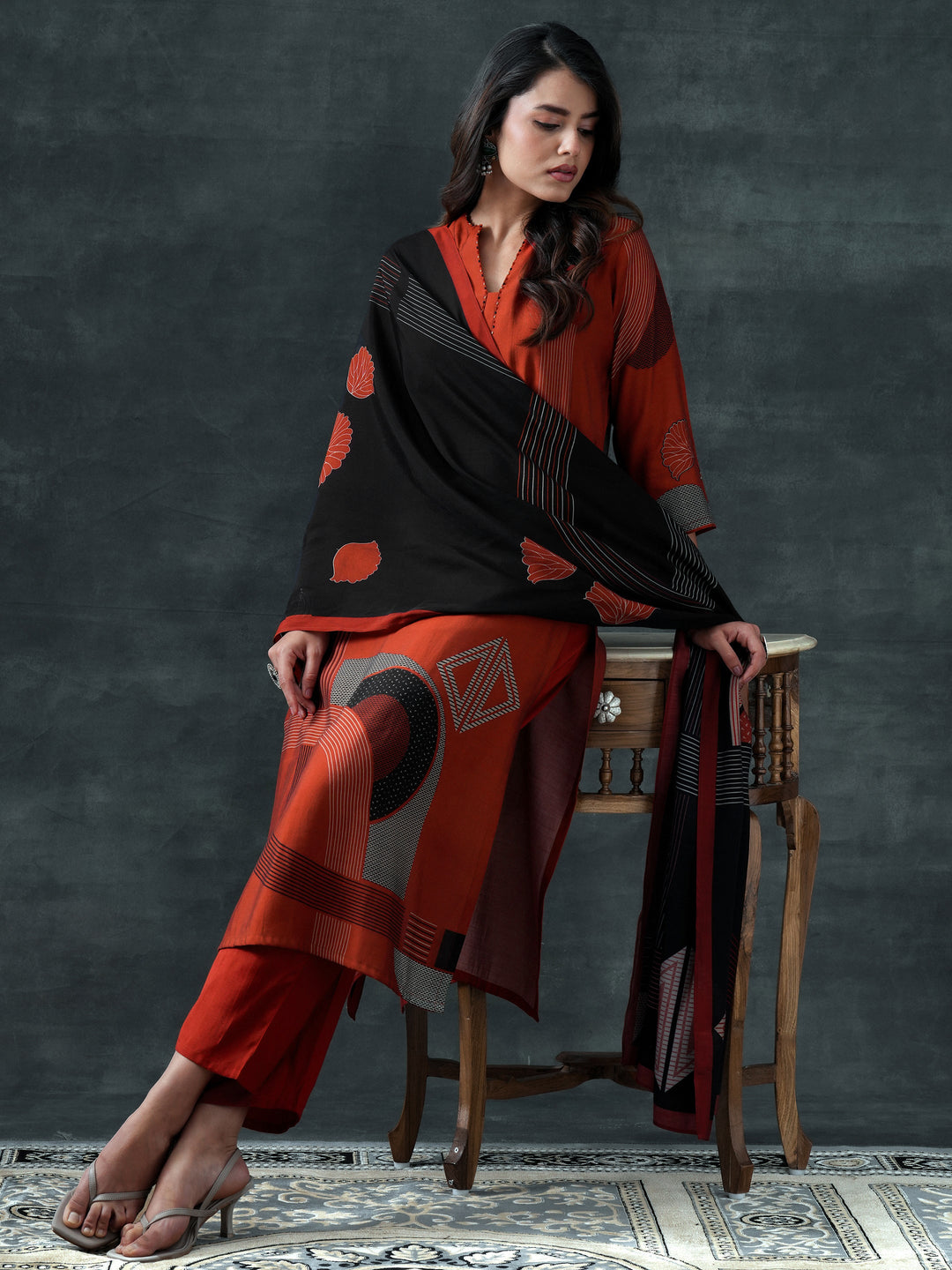 Rust Printed Silk Blend Straight Suit Set With Dupatta