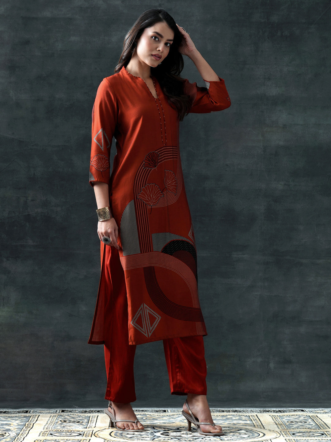 Rust Printed Silk Blend Straight Suit Set With Dupatta
