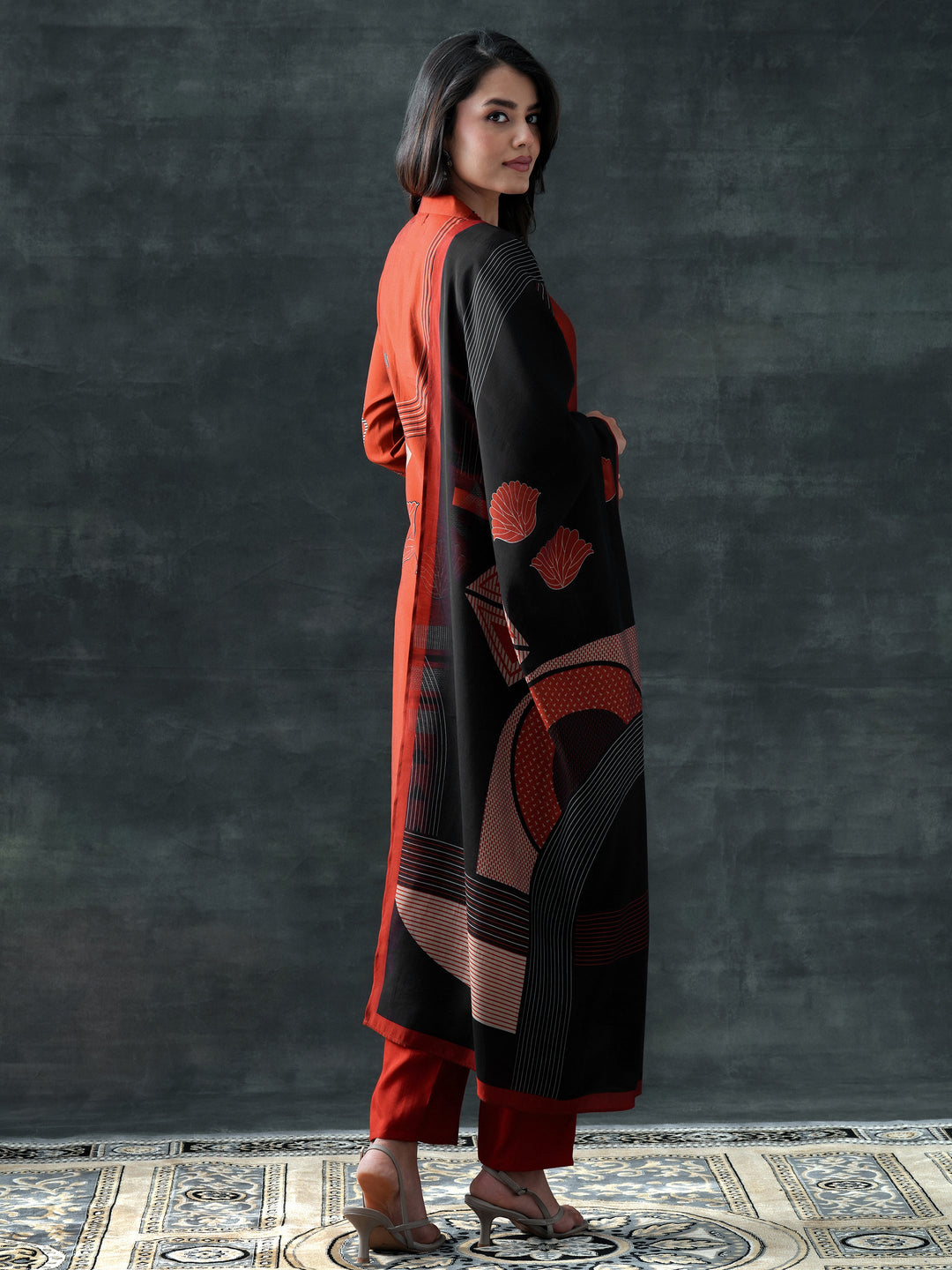 Rust Printed Silk Blend Straight Suit Set With Dupatta