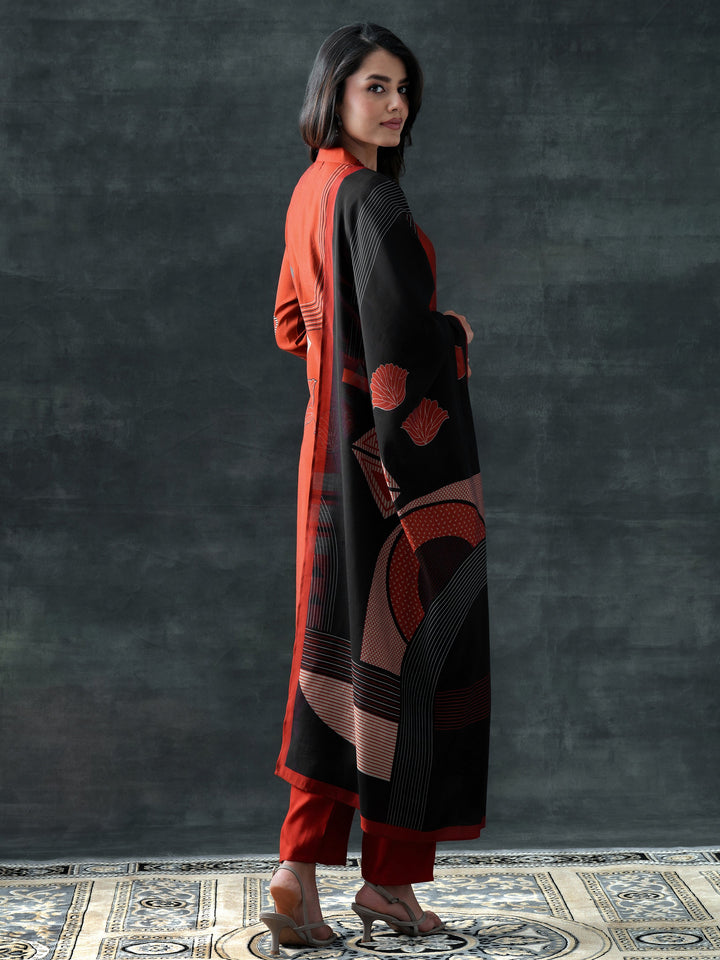 Rust Printed Silk Blend Straight Suit Set With Dupatta