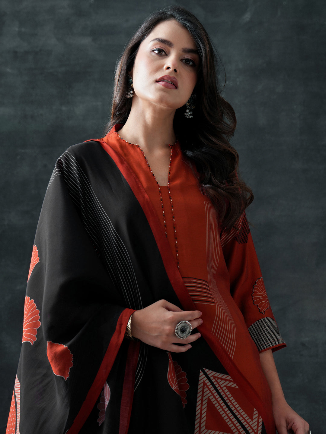 Rust Printed Silk Blend Straight Suit Set With Dupatta