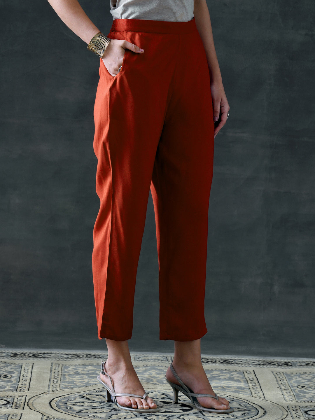 Rust Printed Silk Blend Straight Suit Set With Dupatta