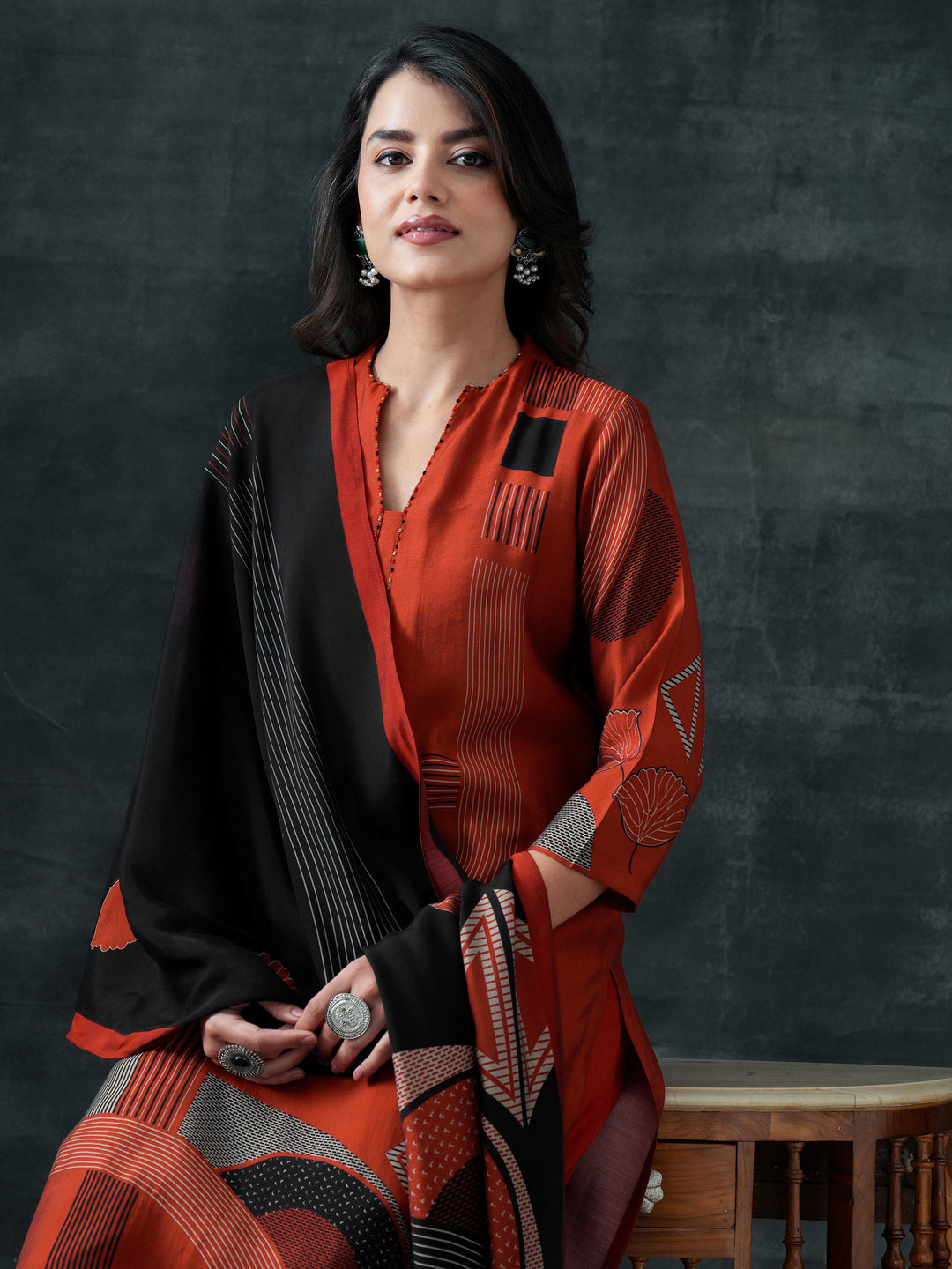 Rust Printed Silk Blend Straight Suit Set With Dupatta