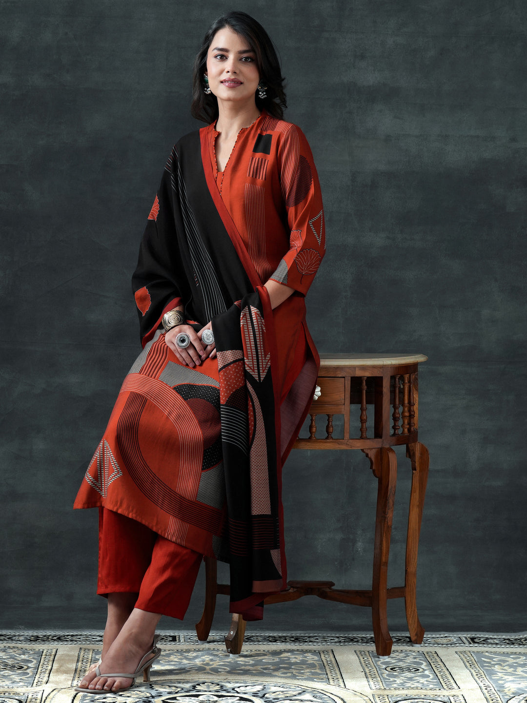 Rust Printed Silk Blend Straight Suit Set With Dupatta