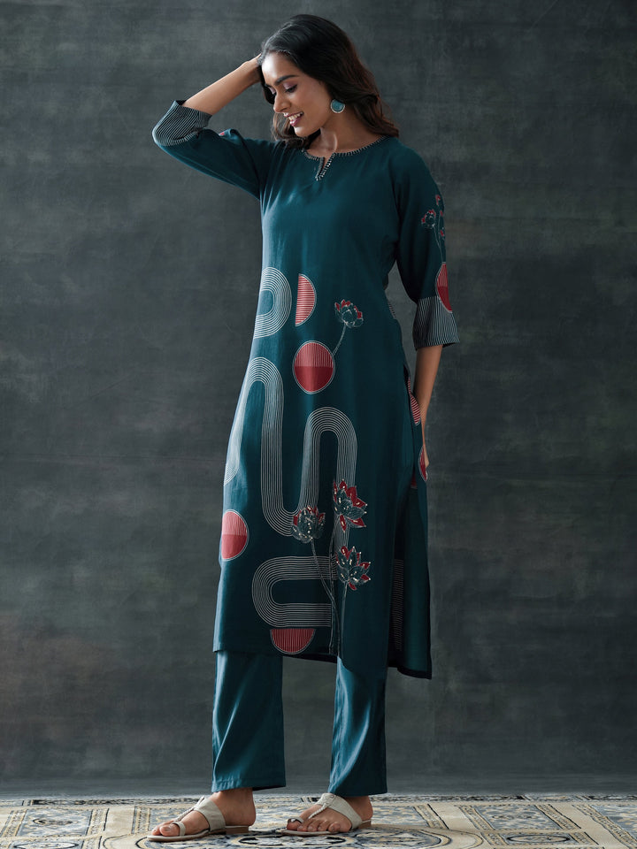 Blue Printed Silk Blend Straight Suit Set With Dupatta