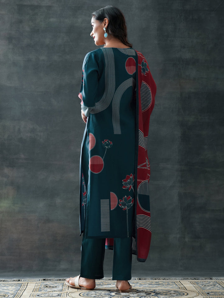 Blue Printed Silk Blend Straight Suit Set With Dupatta