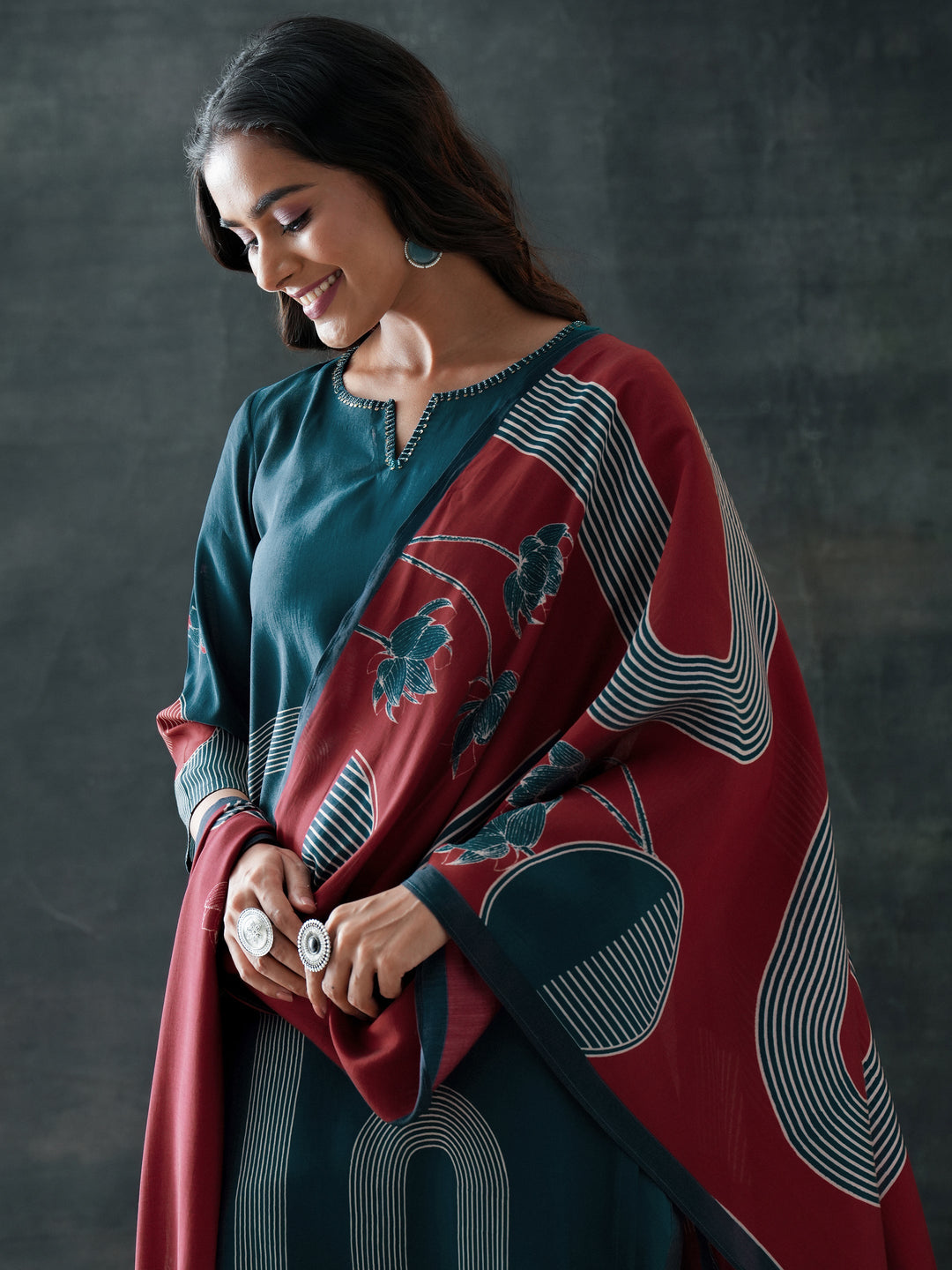 Blue Printed Silk Blend Straight Suit Set With Dupatta