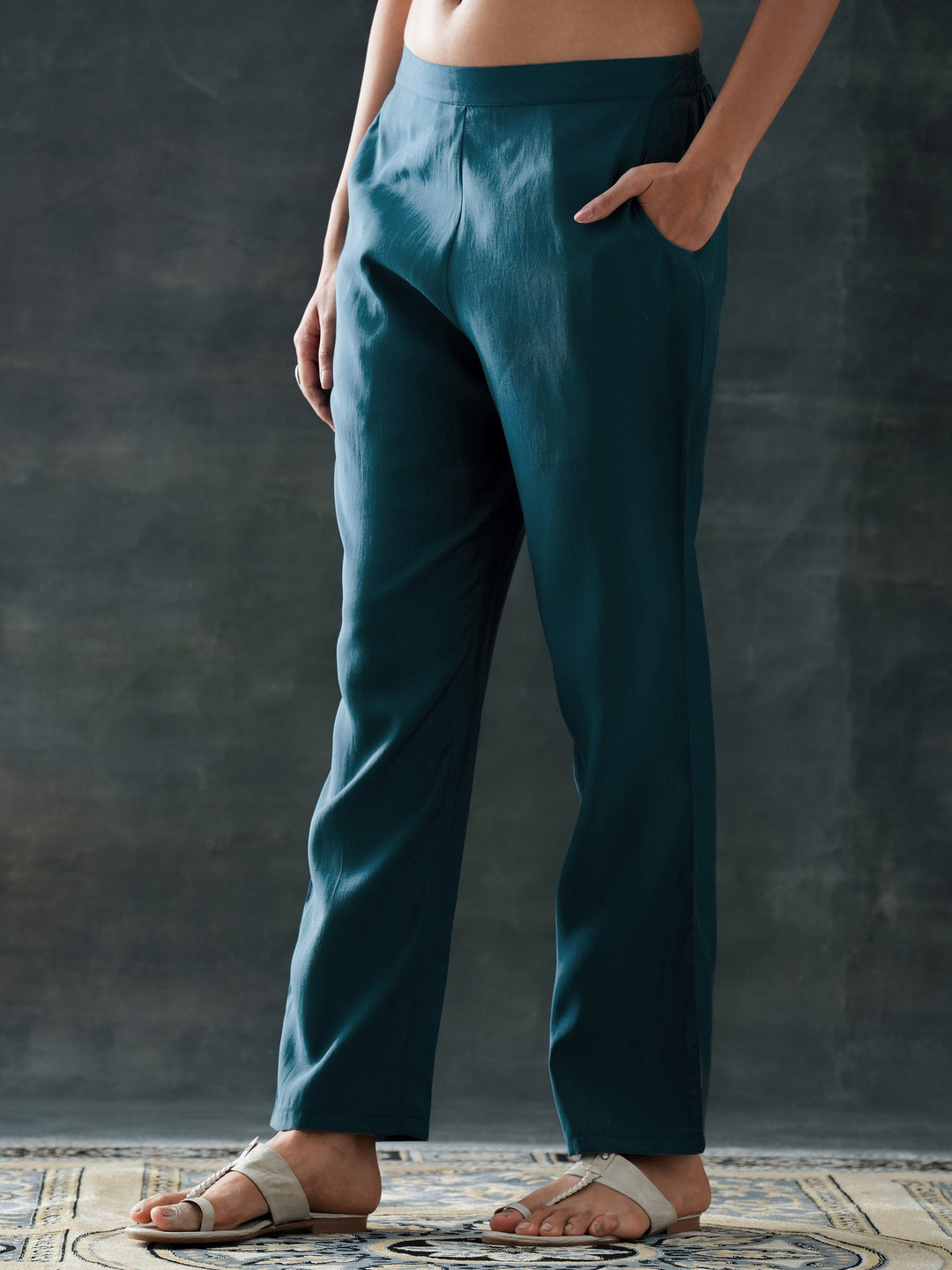 Blue Printed Silk Blend Straight Suit Set With Dupatta