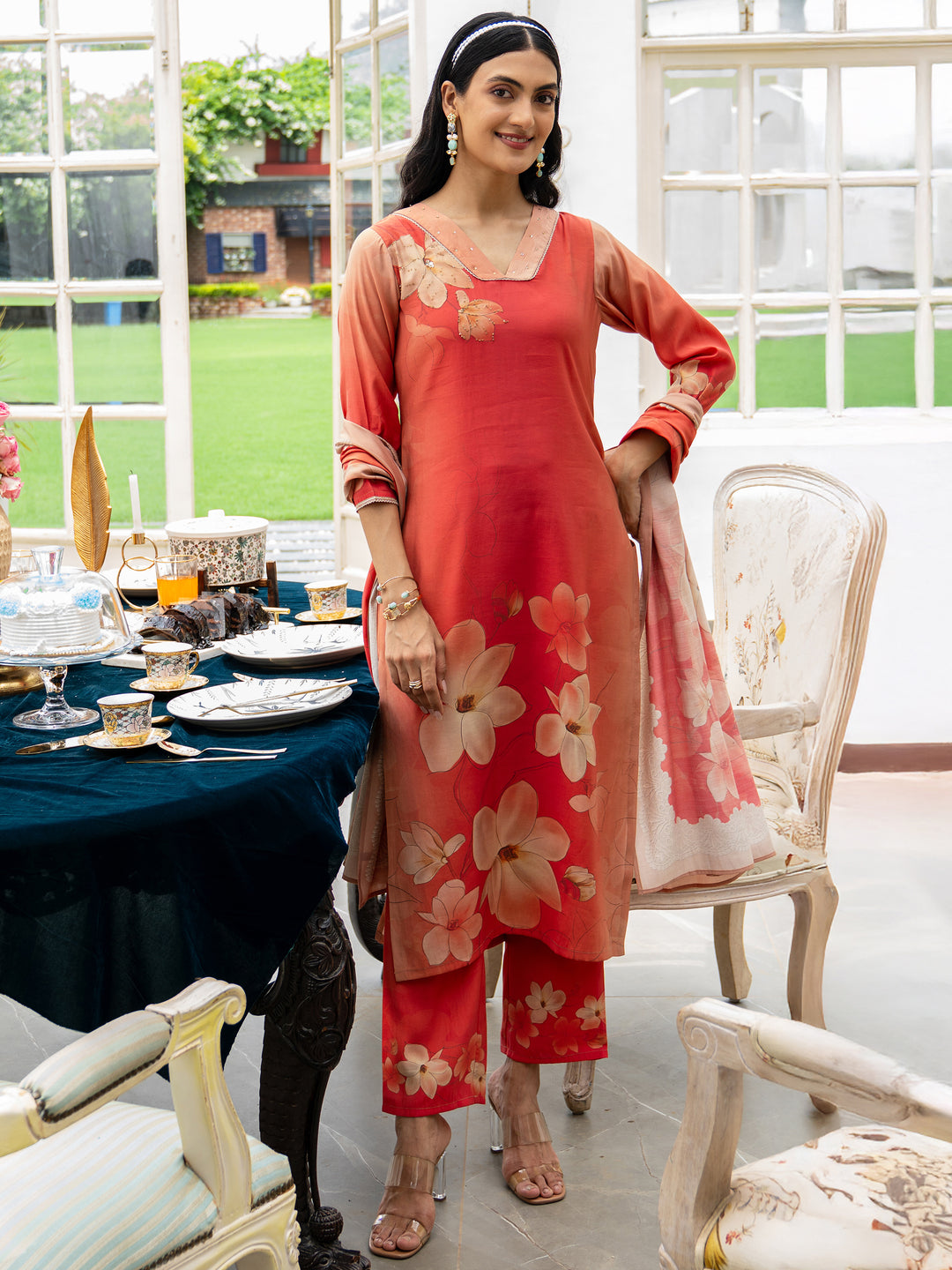 Peach Printed Silk Blend Straight Suit Set With Dupatta