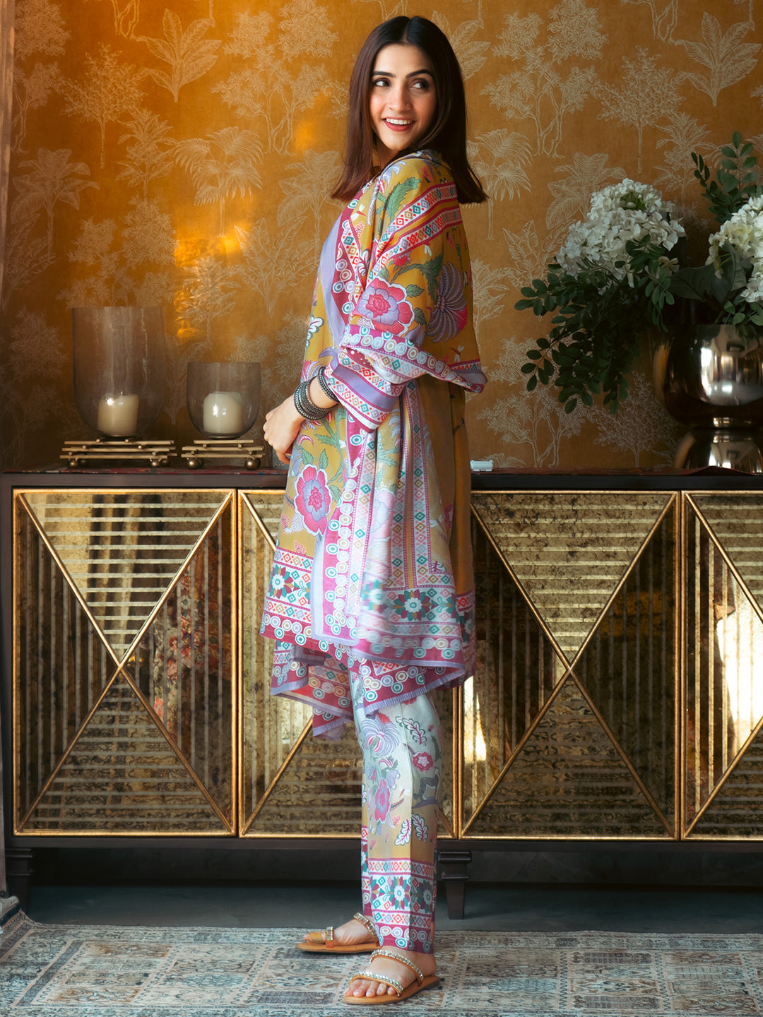 Multi Printed Silk Blend A-Line Suit Set With Dupatta