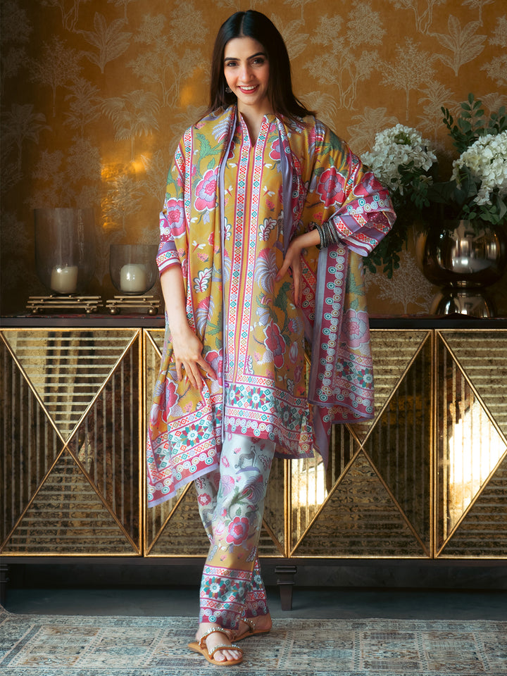 Multi Printed Silk Blend A-Line Suit Set With Dupatta