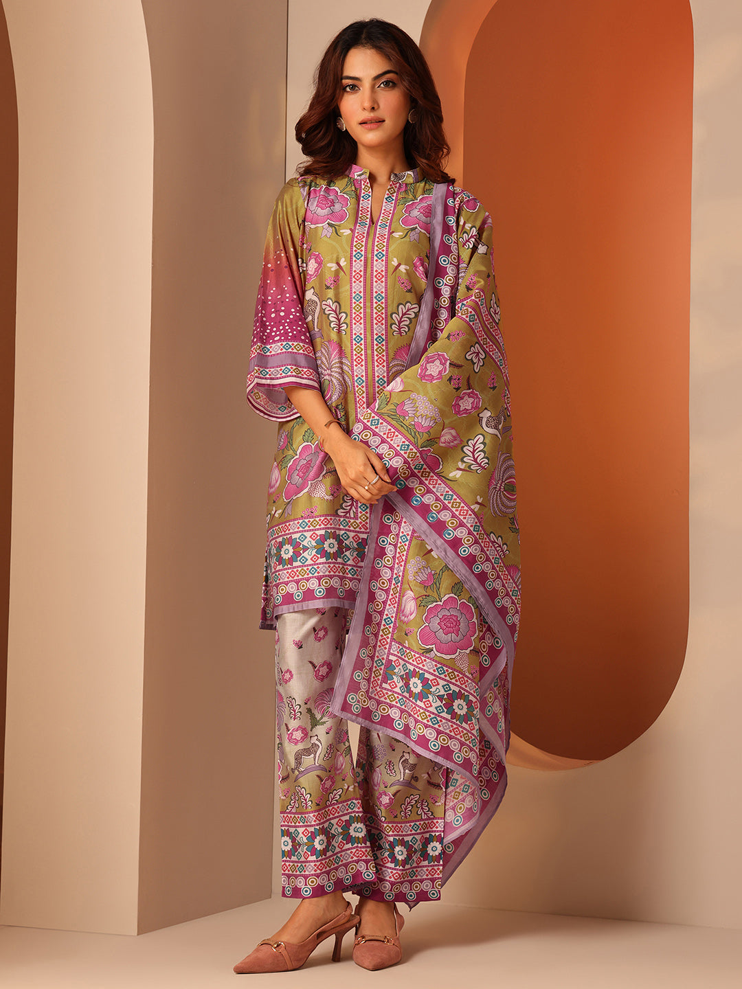 Multi Printed Silk Blend A-Line Suit Set With Dupatta