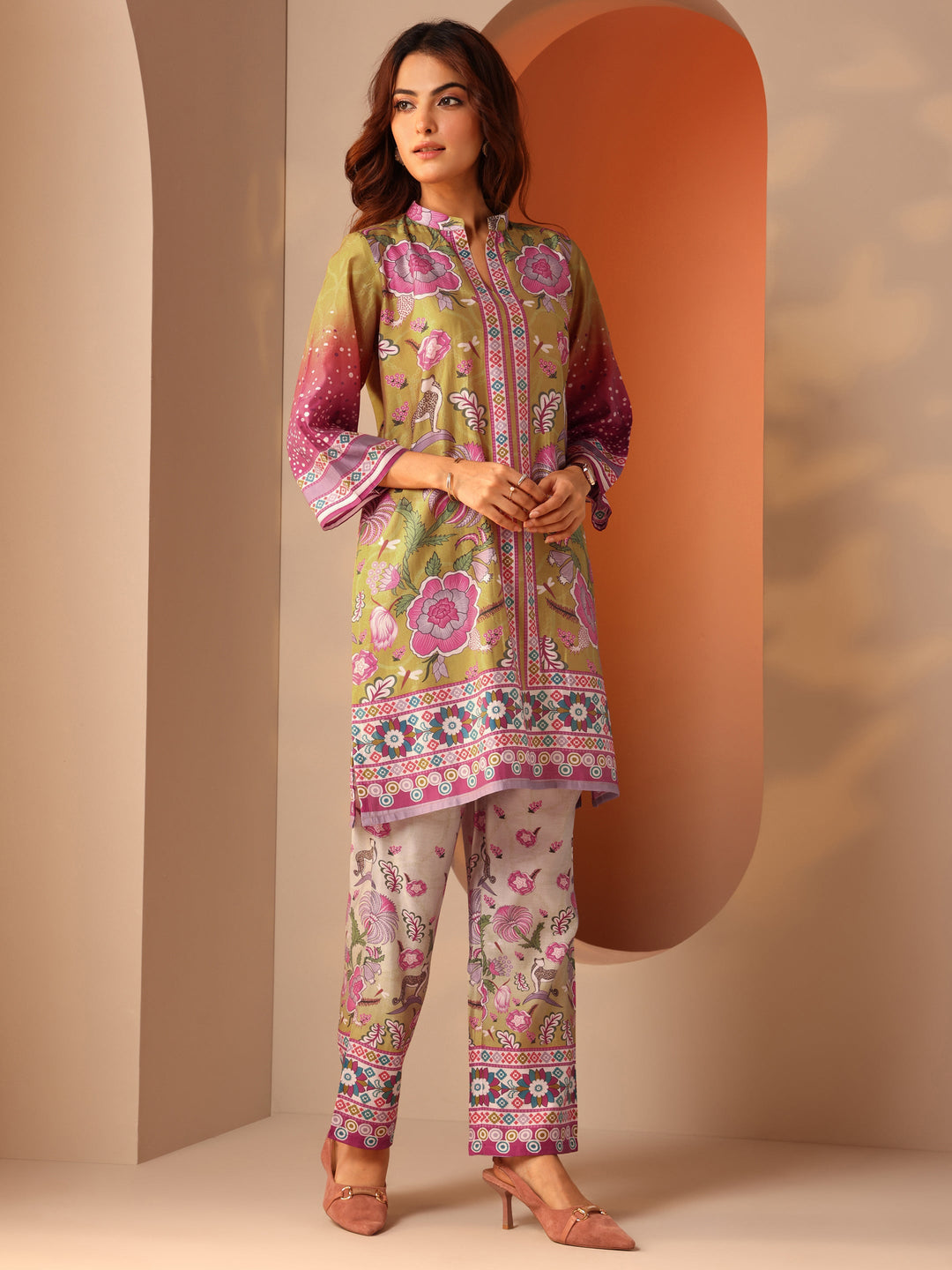 Multi Printed Silk Blend A-Line Suit Set With Dupatta