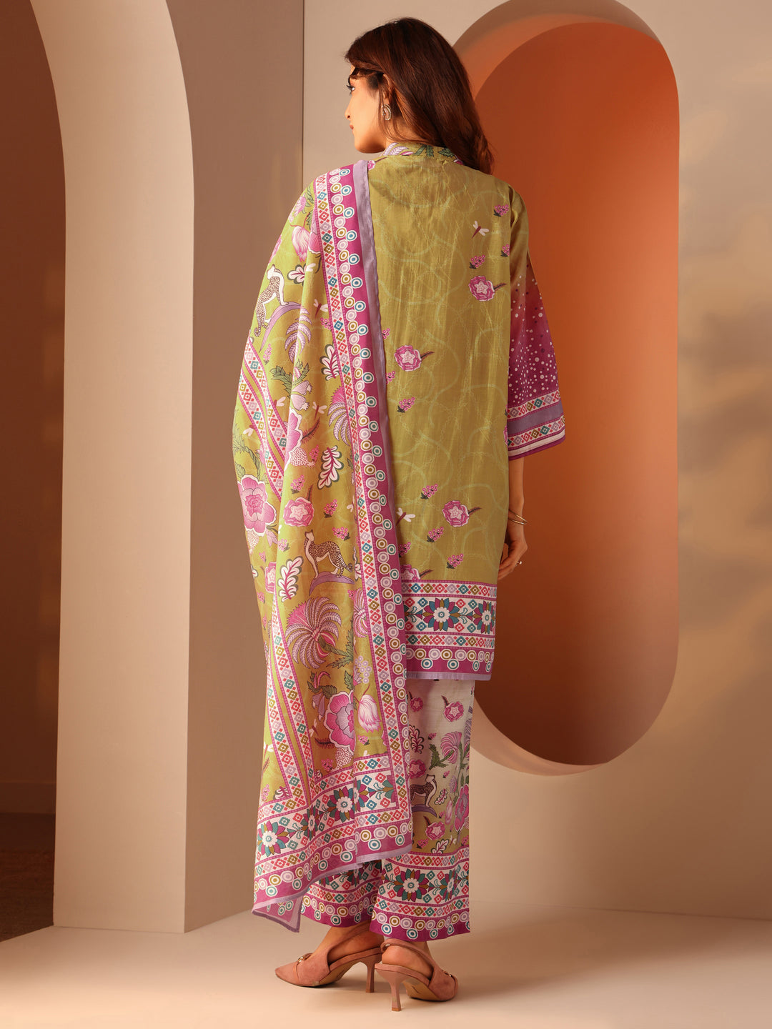 Multi Printed Silk Blend A-Line Suit Set With Dupatta