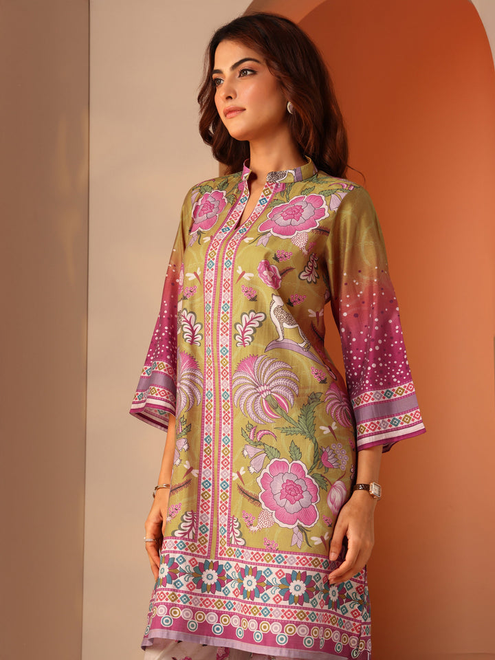 Multi Printed Silk Blend A-Line Suit Set With Dupatta