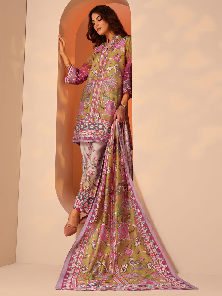 Multi Printed Silk Blend A-Line Suit Set With Dupatta