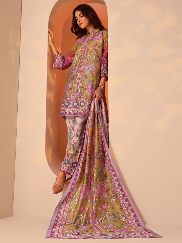 Multi Printed Silk Blend A-Line Suit Set With Dupatta