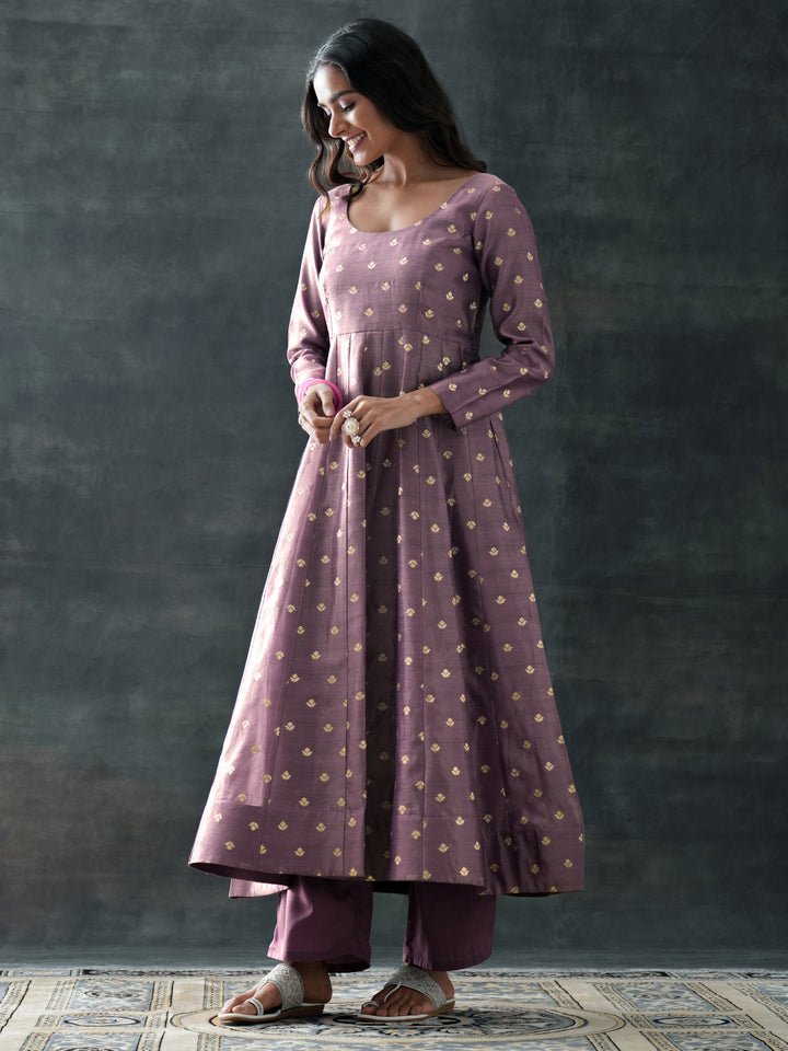 Mauve Woven Design Silk Blend Anarkali Suit Set With Dupatta