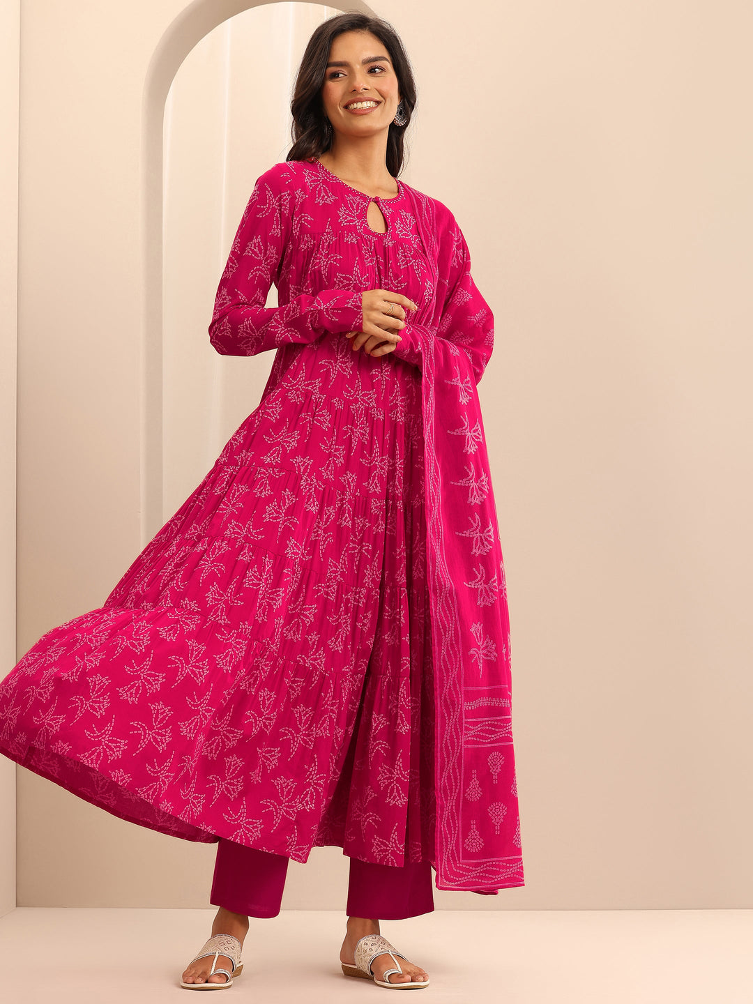 Pink Printed Cotton Anarkali Suit Set With Dupatta