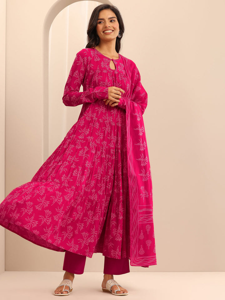 Pink Printed Cotton Anarkali Suit Set With Dupatta