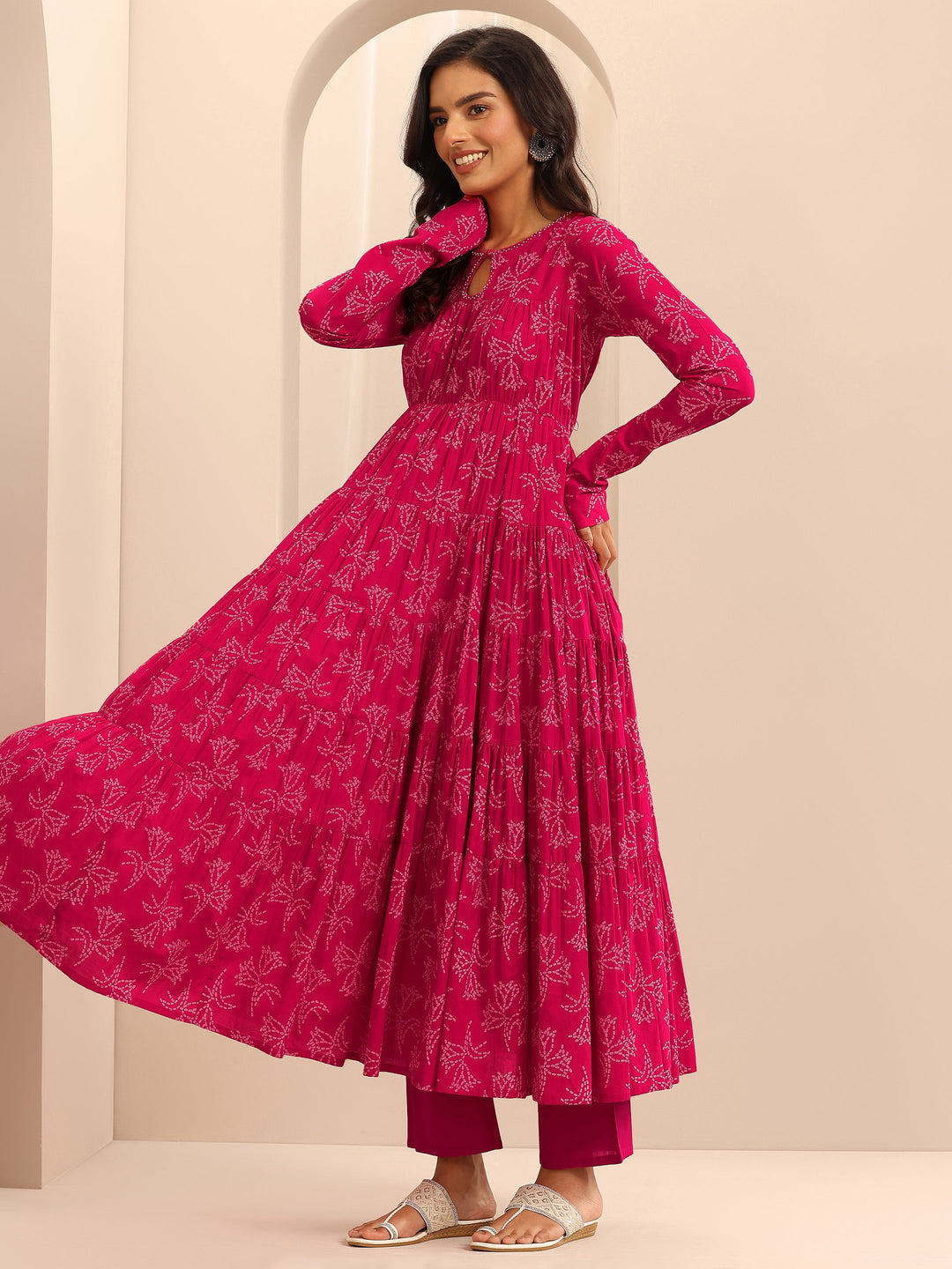 Pink Printed Cotton Anarkali Suit Set With Dupatta